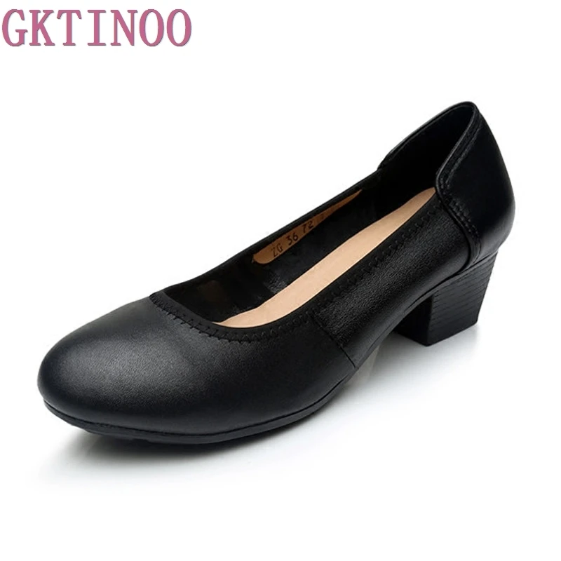 

2018 Fashion Spring Thick Heels Women Pumps Genuine Leather Wedges Work Shoes Woman High Heels Casual Women's Shoes