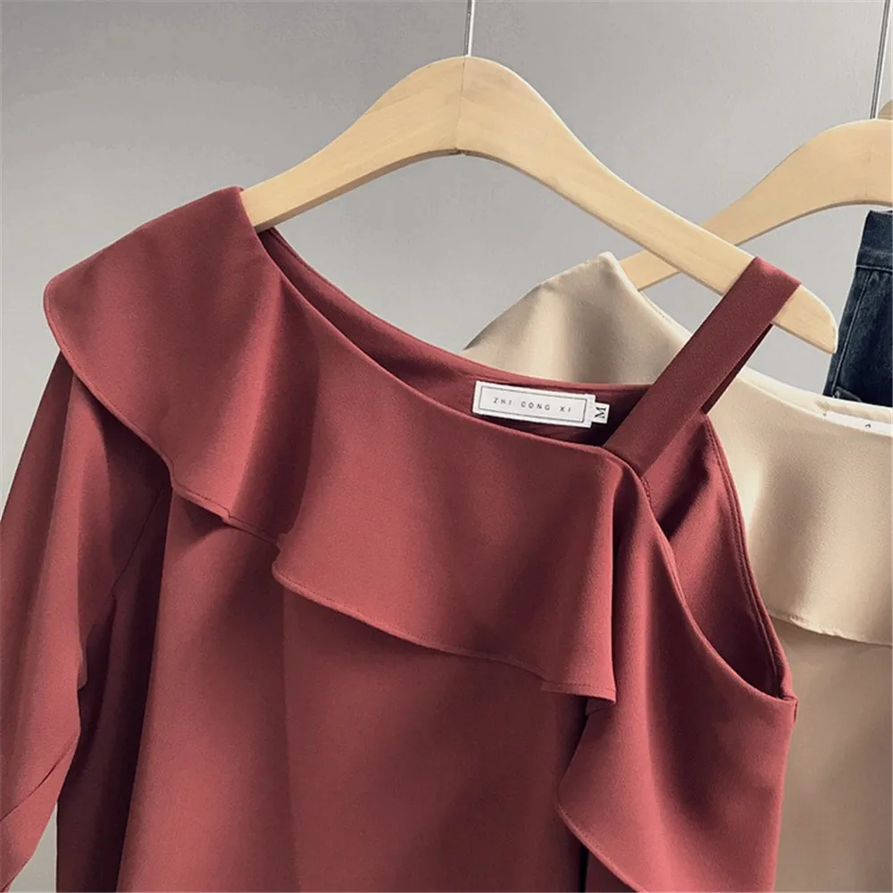 Chiffon Office Work One Shoulder Shirt Blouse Lady Ruffles Blouse Women Summer Shirts Casual Blusas Mujer Blouses Volantes (5)