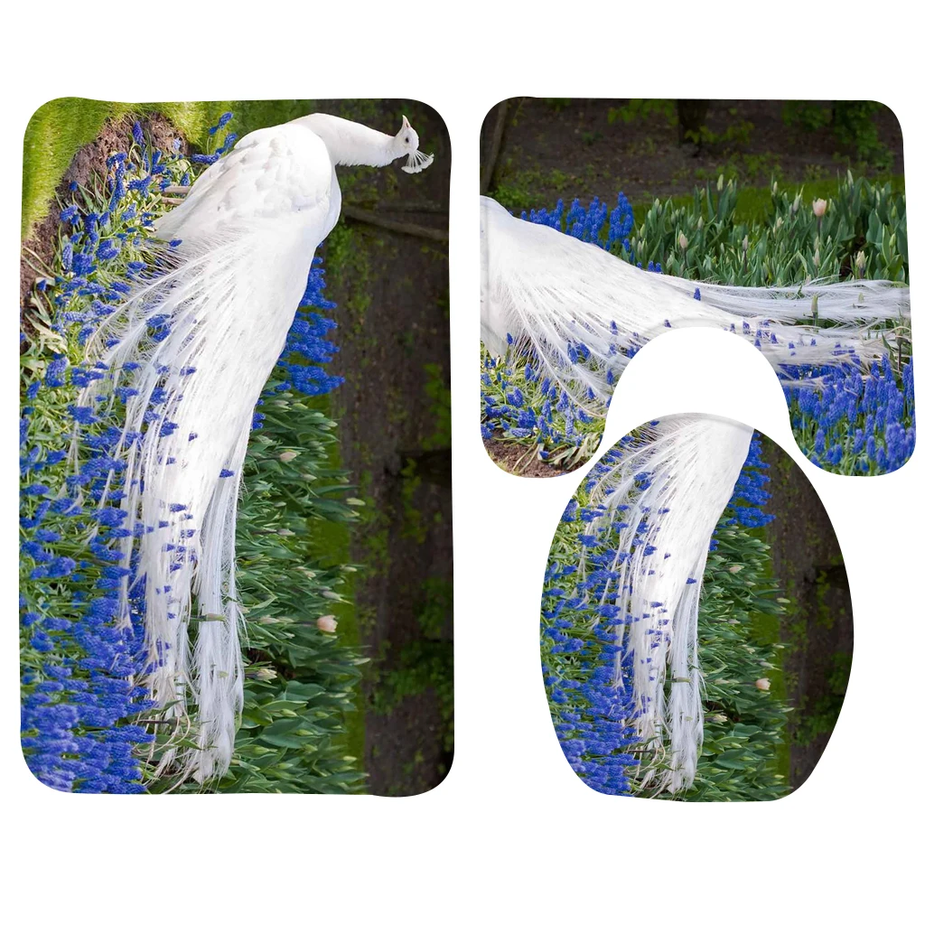 3pcs Bathroom Mat Set Peacock White Peacock Blue Flower Pattern Bath