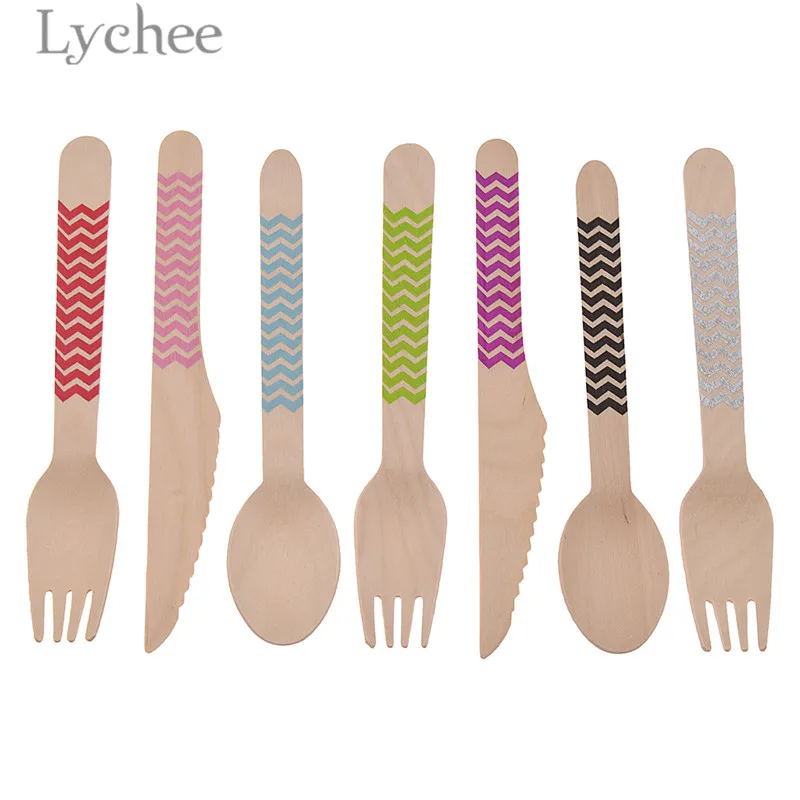 

Lychee Disposable Wooden Tableware Sets Colorful Wave Pattern Forks Spoons Knives Wedding Birthday Party Supplies