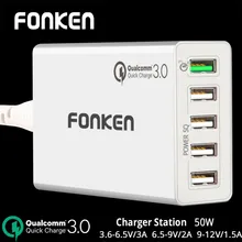 Fonken USB Charger Quick Charge 3.0 Certified Quick Charger 3.0 50W 5 Ports Smart IC Fast Charger QC3.0 EU Plug for Smartphone