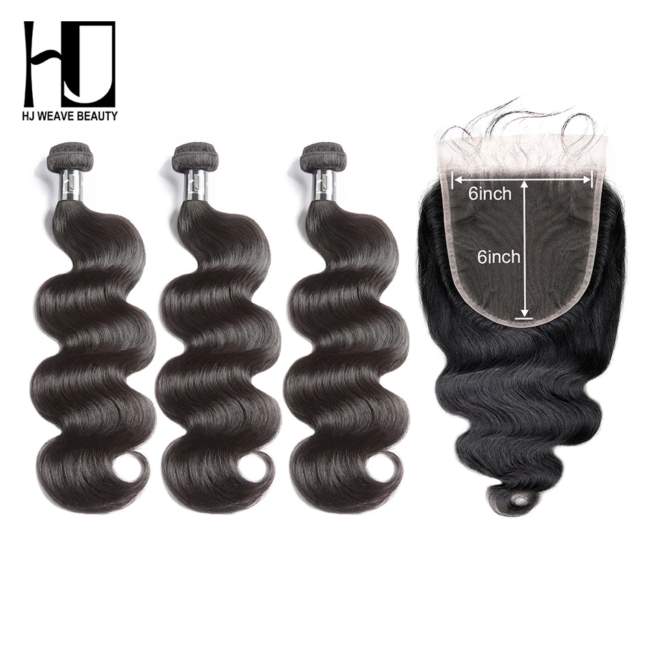 

HJ Weave Beauty Peruvian Human Hair Bundles With Closure Body Wave Hair Weave Bundles With 6x6 HD Lace Closure 7A Virgin Hair
