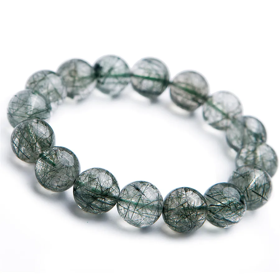 

13mm Genuine Brazil Natural Green Rutilated Quartz Crystal Round Bead Stretch Bracelets For Women Men