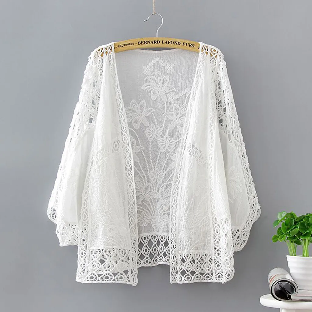 Womail Women Brand New Summer Embroidery Crocheted Hollow Lac Sunscreen Solid White Three Quarter Sleeve Length shirt W30425