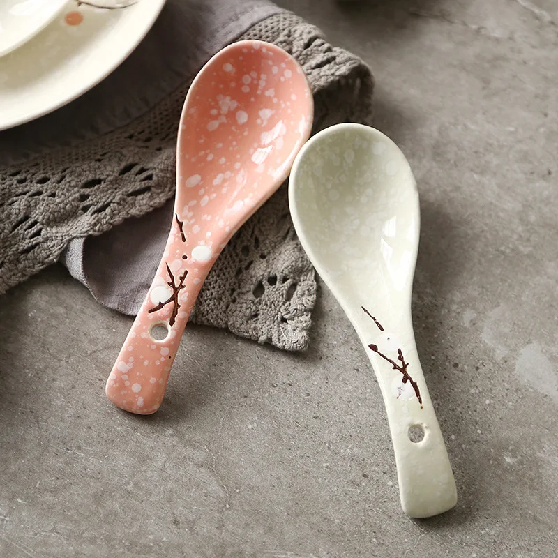 Japanese Handpainting Plum Ceramic Spoon Snowflake Glaze Porcelain Soup Spoon Floral Coffee Milk Stirring Spoon Tableware