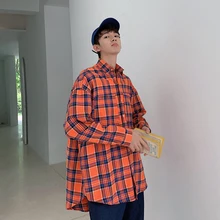 Новая рубашка в Корейском стиле, Ретро стиль, шикарный, с длинными рукавами, оранжевый, свободный, Bf, в клетку, для мужчин и женщин, для пары, Tide Camisa Masculina