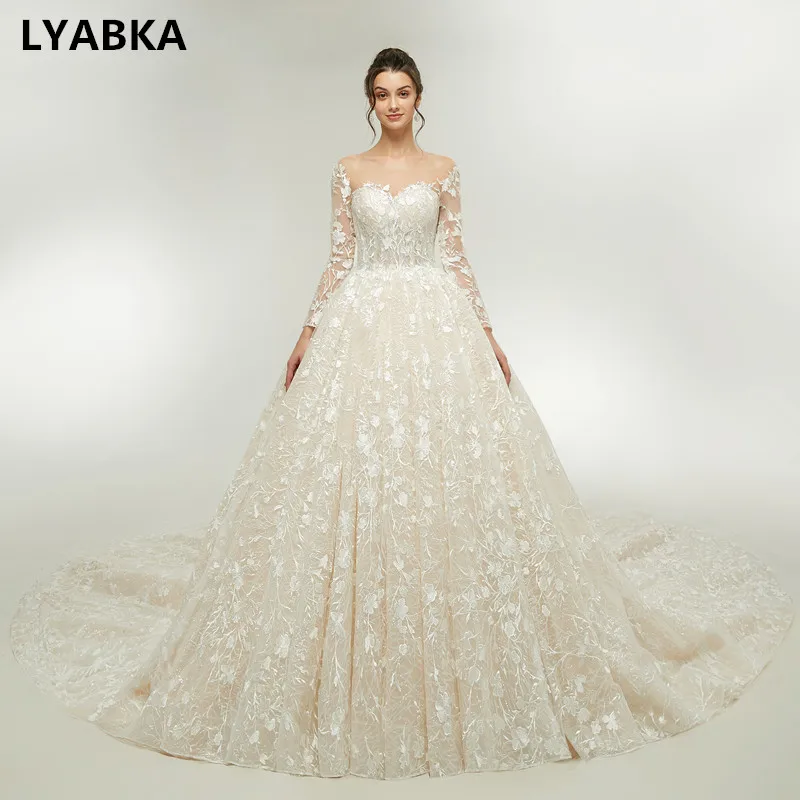 

2019 Backless Wedding Dress Long Train Robe De Mariee Trouwjurk Scoop Neck Lace Wedding Dresses Long Sleeve Vestido De Novia