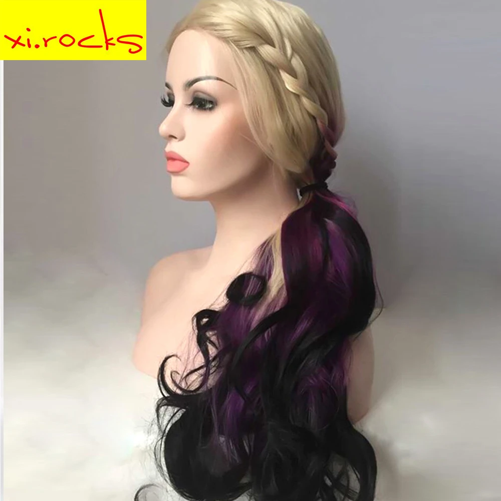 My0064 Long Curly Spiral Hairstyle Blonde Root Ombre Purple Hair With Free Parting Bangs Synthetic Lace Wig For Front Xi Rocks Synthetic None Lace Wigs Aliexpress