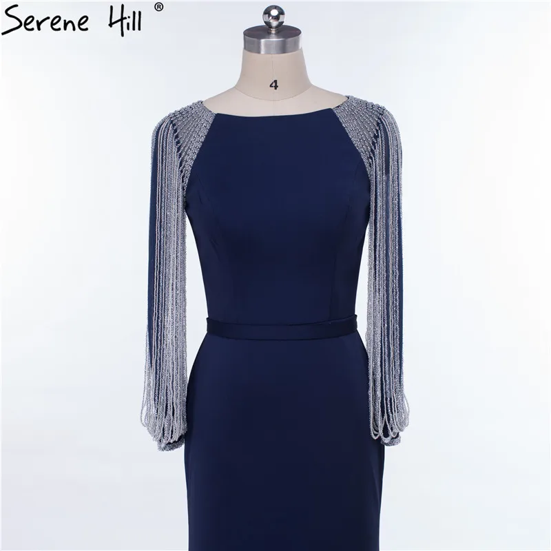 Long Sleeves  Black Beading Chain Elegant Mermaid Prom Dresses Crystal Beading Satin Dresses For Prom 2020 SERENE HILL LA6219