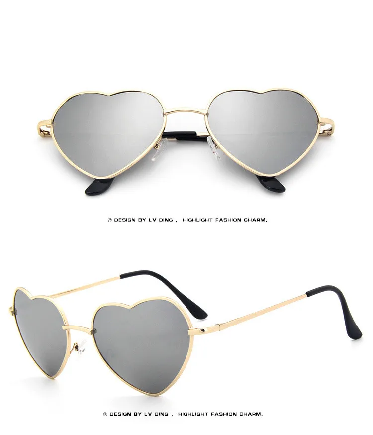 Женские металлические разноцветные солнцезащитные очки с металлической оправой, фирменное дизайнерское покрытие, модные солнцезащитные очки, солнечные очки в форме сердца