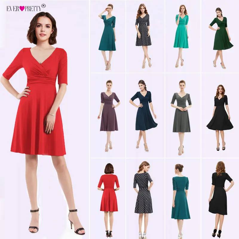 

Cocktail Dresses Ever Pretty 2019 AS03632 3/4 Sleeves Hot Selling V Neck Pleated High Stretch Plus Size Short Dresses Women