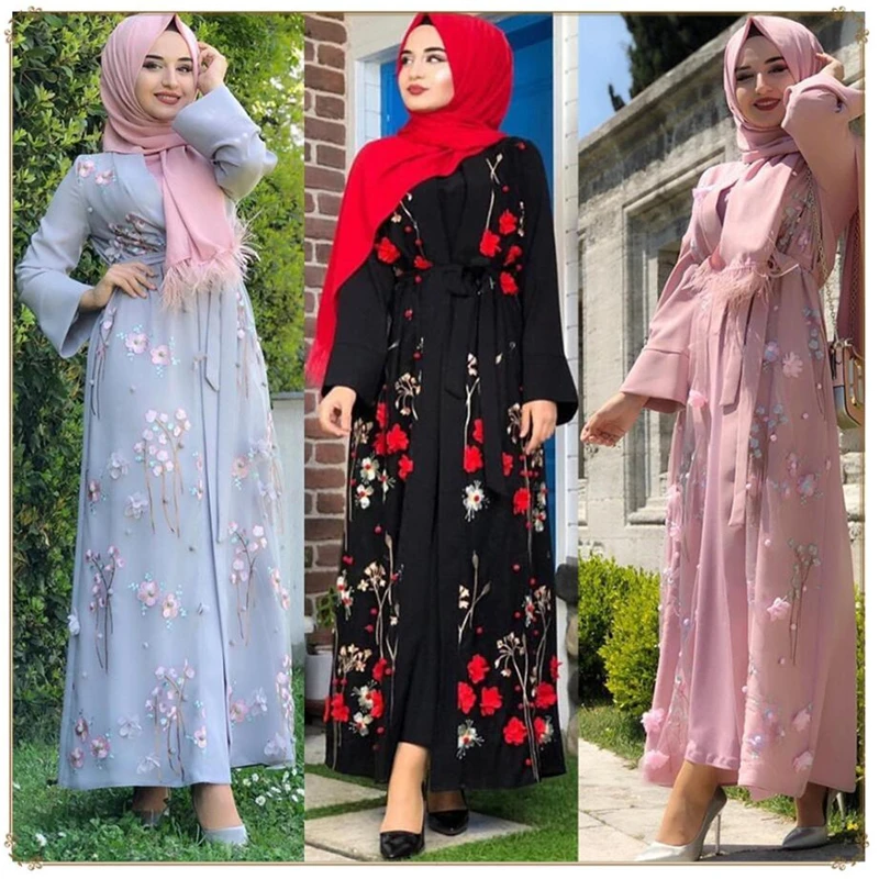 2019 Цветочная вышивка caftan Турция abaya женское jilbabs платье с открытым передом abayas для исламских дам длинный халат