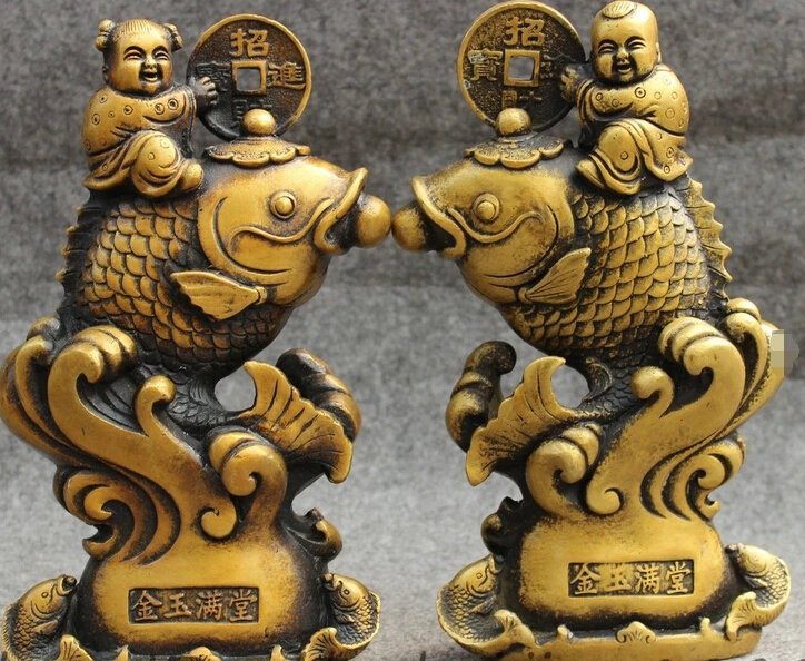 

566++9" Chinese Bronze Happy Kid Child Boy Girl Ride Jump Wealth Fish Statue Pair