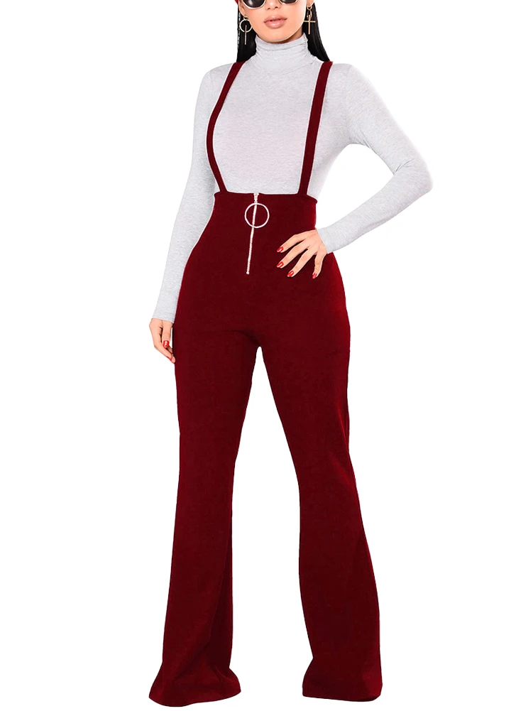 

2019 Spring Fashion Women Dungarees Overalls Bell-bottomed High Waist O-ring Zipper Front Flared Casual Jumpsuits Pants Trousers