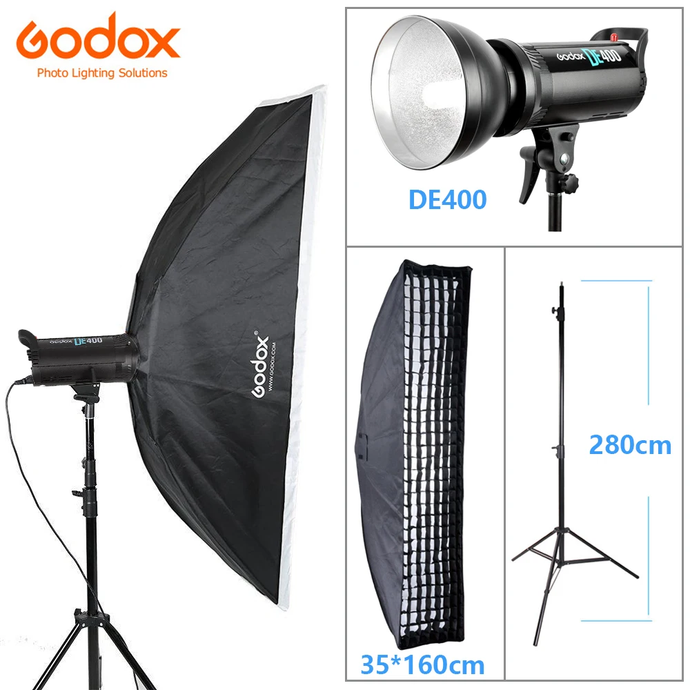 Godox DE400 400 W/400WS фотостудийная вспышка светильник мерцающий светильник ing комплект+ 35x160 см софтбокс с решеткой с быстрой установкой Bowens Mount+ 2,8 м светильник стенд