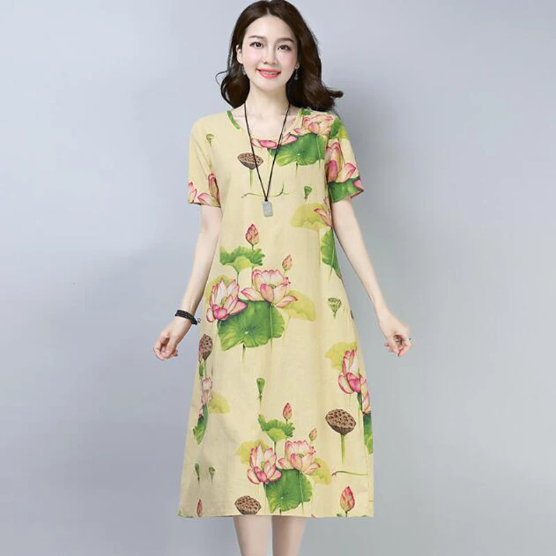 Плюс размер цветочный хлопок лен с рисунком винтажное Летнее Длинное Платье женское Повседневное платье с коротким рукавом vestidos robe femme