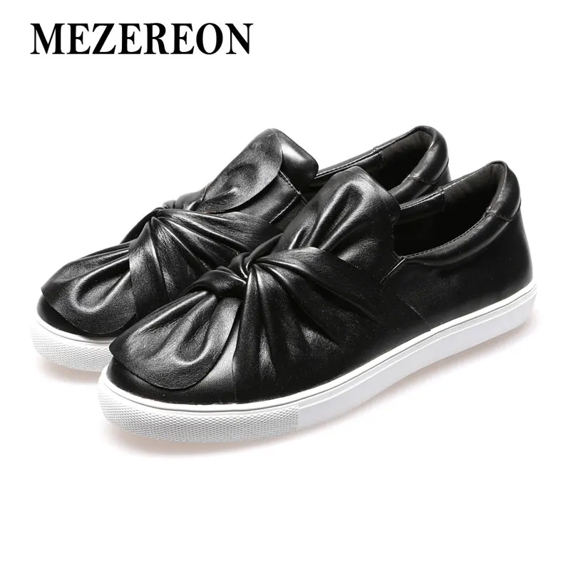 MEZEREON обувь женская обувь, Большие размеры 41 лоферы из натуральной кожи с бантом Женские туфли-лодочки модная дамская обувь Демисезонный лоферы