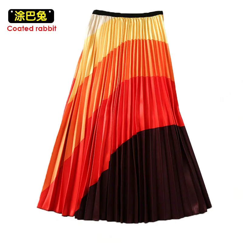 

CR New-coming Spring Rainbow Discoloration Silk surface Retro Women Skirts High Street Style A-Line Striped Skirts