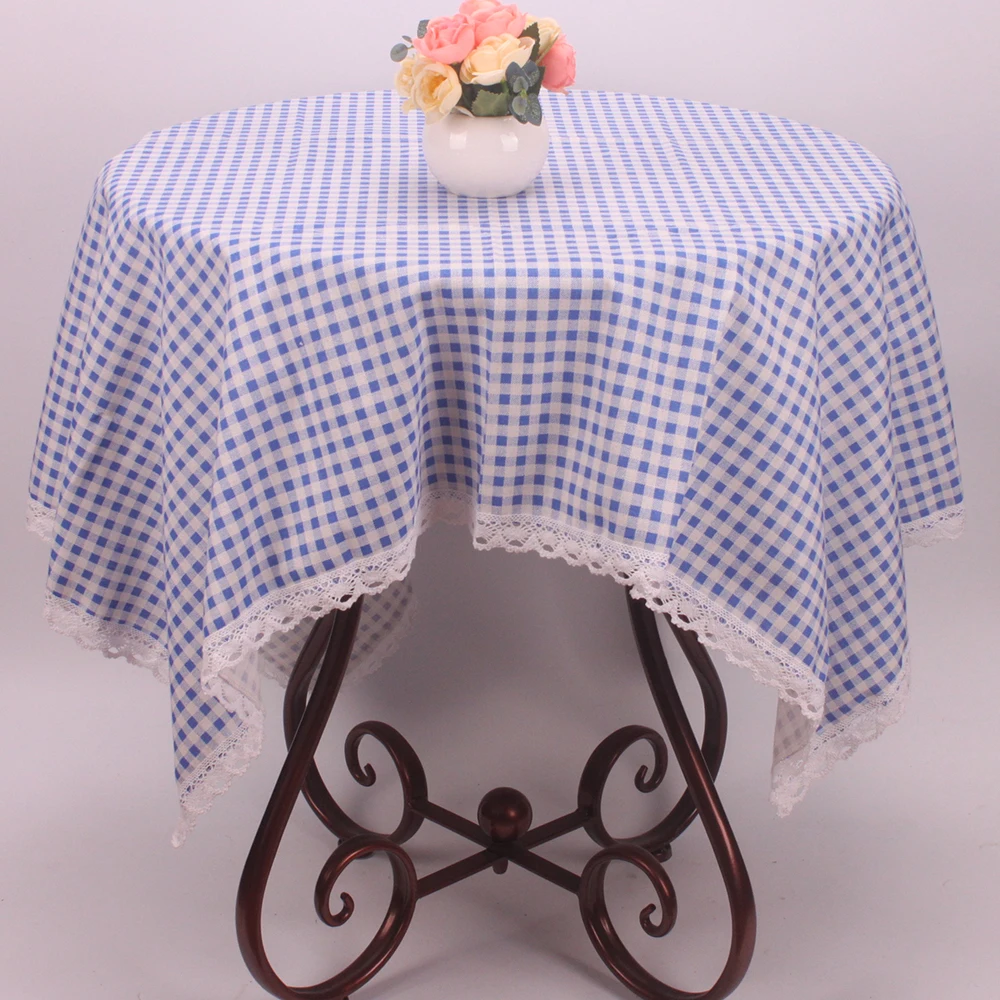CURCYA Customize Blue Plaid Tablecloths Simple Tea Table Cloth Cotton