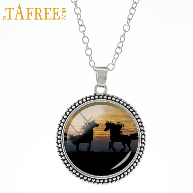

TAFREE Hottest Horse Necklace animals Unicorn Leisure series pendant round dome glass Antique Silver Plated charm jewelry A28