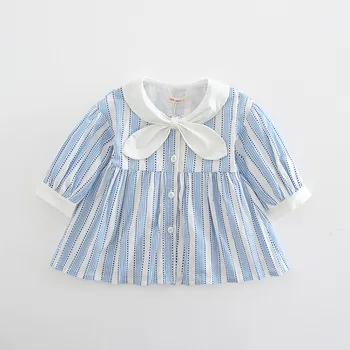

Wholesale 5pcs/lot Baby Girls Dress Preppy Style Autumn Lantern Sleeve Baby Girls Clothing Striped Kids Clothes with Big Bow