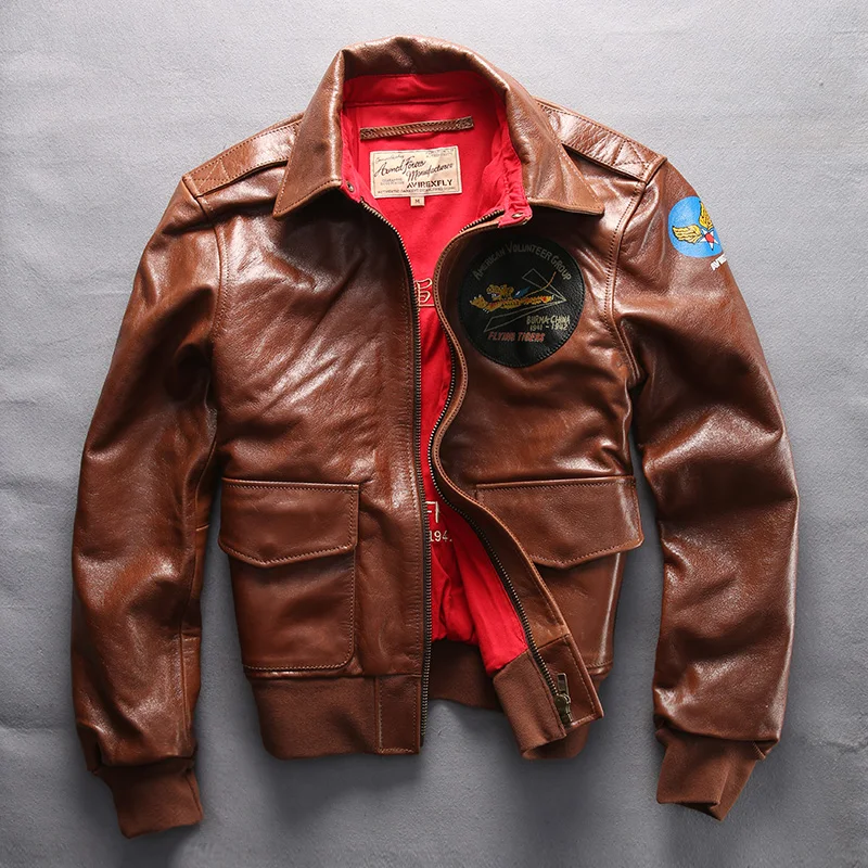 A2 летная куртка из натуральной кожи, мужская куртка-бомбер из натуральной коровьей кожи, Мужская мотоциклетная кожаная куртка - Цвет: Browm