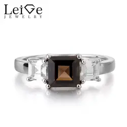 Лейдж Jewelry натуральное дымчатый кварц кольцо Обручение кольцо квадратный вырез коричневый камень Твердые стерлингового серебра 925