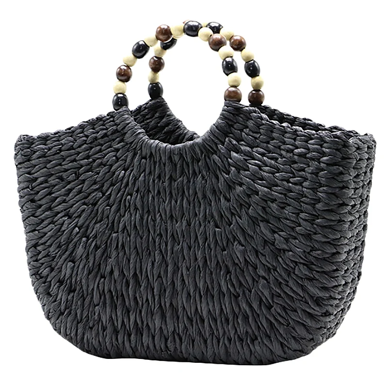 

NEW-Womens Vintage Straw Woven Handbags Casual Beach Vacation Tote Bags With Beads Handle