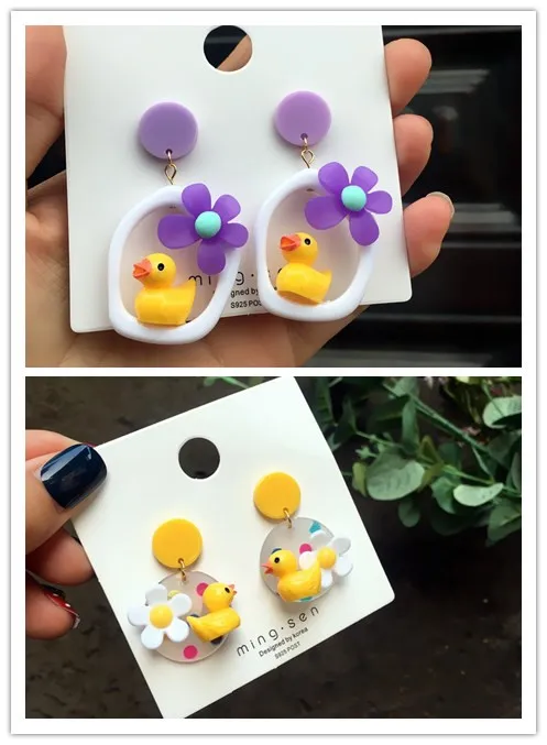 Милые Акриловые утка цветок серьги-гвоздики серьги для женщин мультфильм животных вечерние ювелирные изделия дети шпильки уникальный праздник уха шпильки