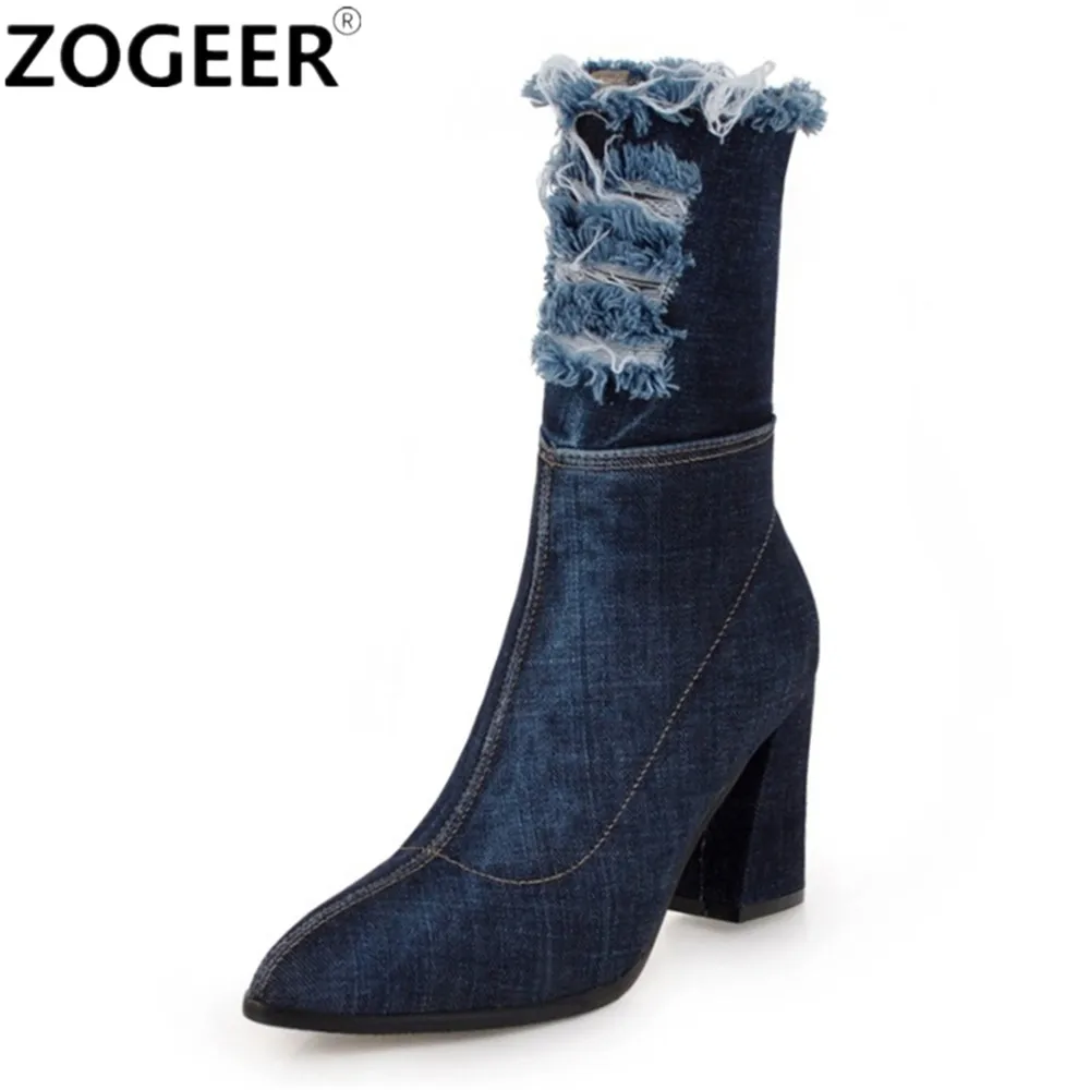 Blue Women Denim Ankle Boots Sexy Autumn Winter Pointed Toe Jean Boots ...