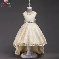 Шикарный мечта золото платье с цветочным узором для девочек со шлейфом блестками жемчуг Наряды на свадебную вечеринку Летнее платье