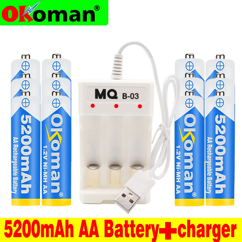 Okoman 1.2V 5200mAh NI MH AA Pre-Charged Ni-MH Rechargeable aa Battery For Toys Camera Microphone Batteries + Charger | Электроника