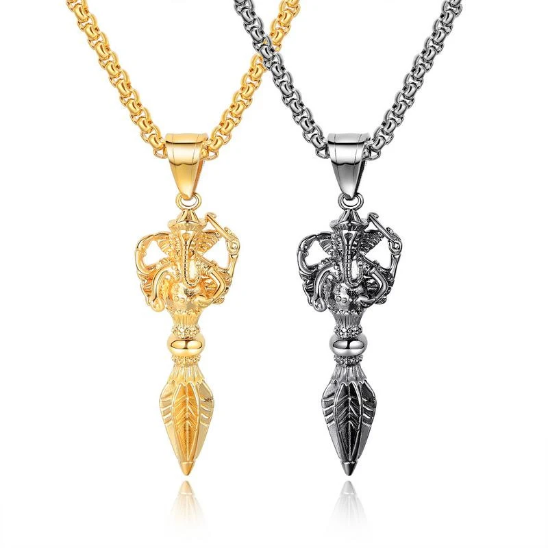 

Hip Hop Rock Stainless Steel Vajra Evil Jiang Mochu Ganesha Pendants Necklace for Men India Buddhism Jewerly Gold Silver