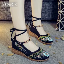 Veowalk шторы с бисером для женщин холст вышитые на плоской платформе Ботильоны кружево до дамы повседневное обувь из хлопка, ткани chaussures femme