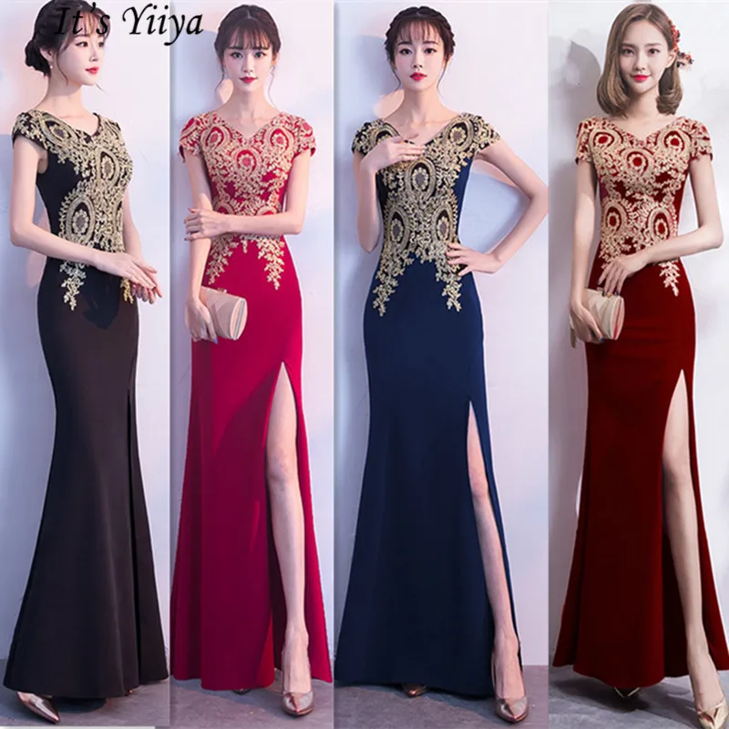 

Evening dress V-neck Nightclub style Sexy Elegant Mermaid Prom Dress Opening floor-length Regular Short sleeve long dress C021