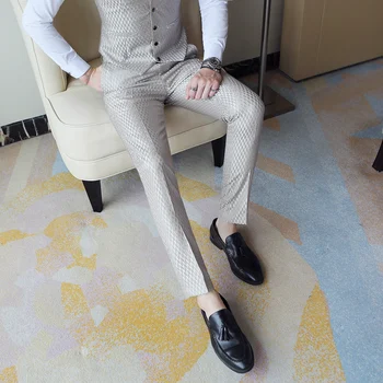 

2019 New High-end Brand Fashion Boutique Plaid Casual Business Men's Suit Pants / Men's Casual Trousers Male Slim Suit Pants