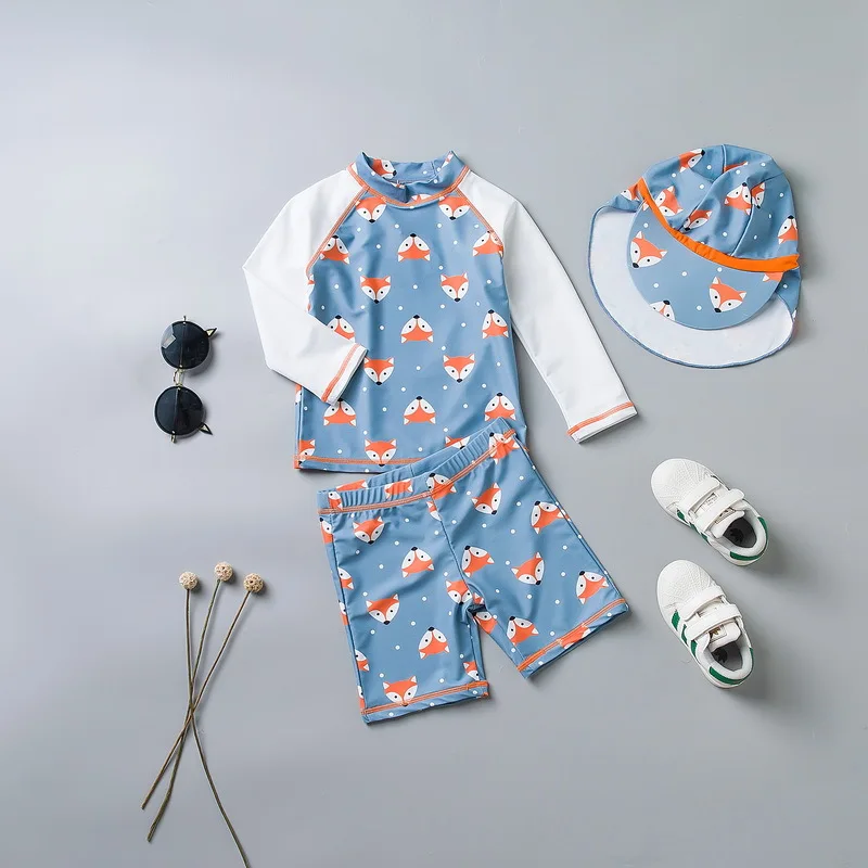 

UPF50+ Unisex Children Swimsuits Two Pieces Rash Guard Set Cartoon Print Sun Protection Long Sleeve Baby Girls Boys Swimwear