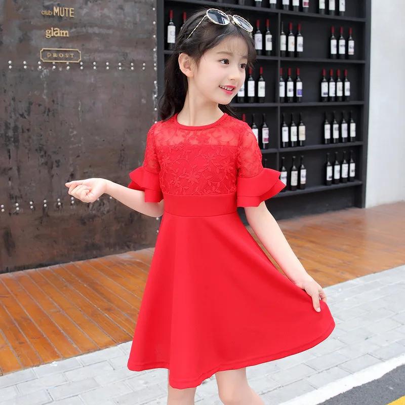 Модное нарядное платье для девочек кружевное детское платье принцессы с рукавами-крылышками милое детское платье для девочек 4, 5, 6, 7, 8, 9, 10, 11, 12 лет - Цвет: Красный