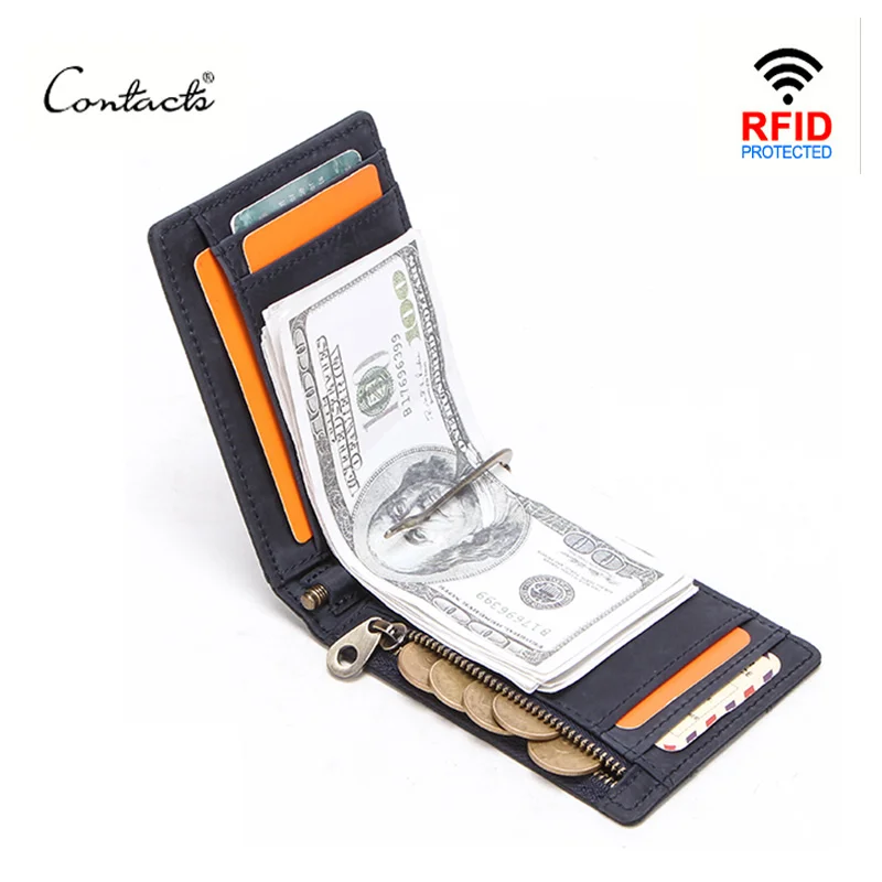 Online Cartera para hombre de contacto RFID de cuero genuino con Clip de dinero, cartera para tarjeta Crazy Horse, cartera fina con pinza para efectivo, cartera para hombre con RFID delgada