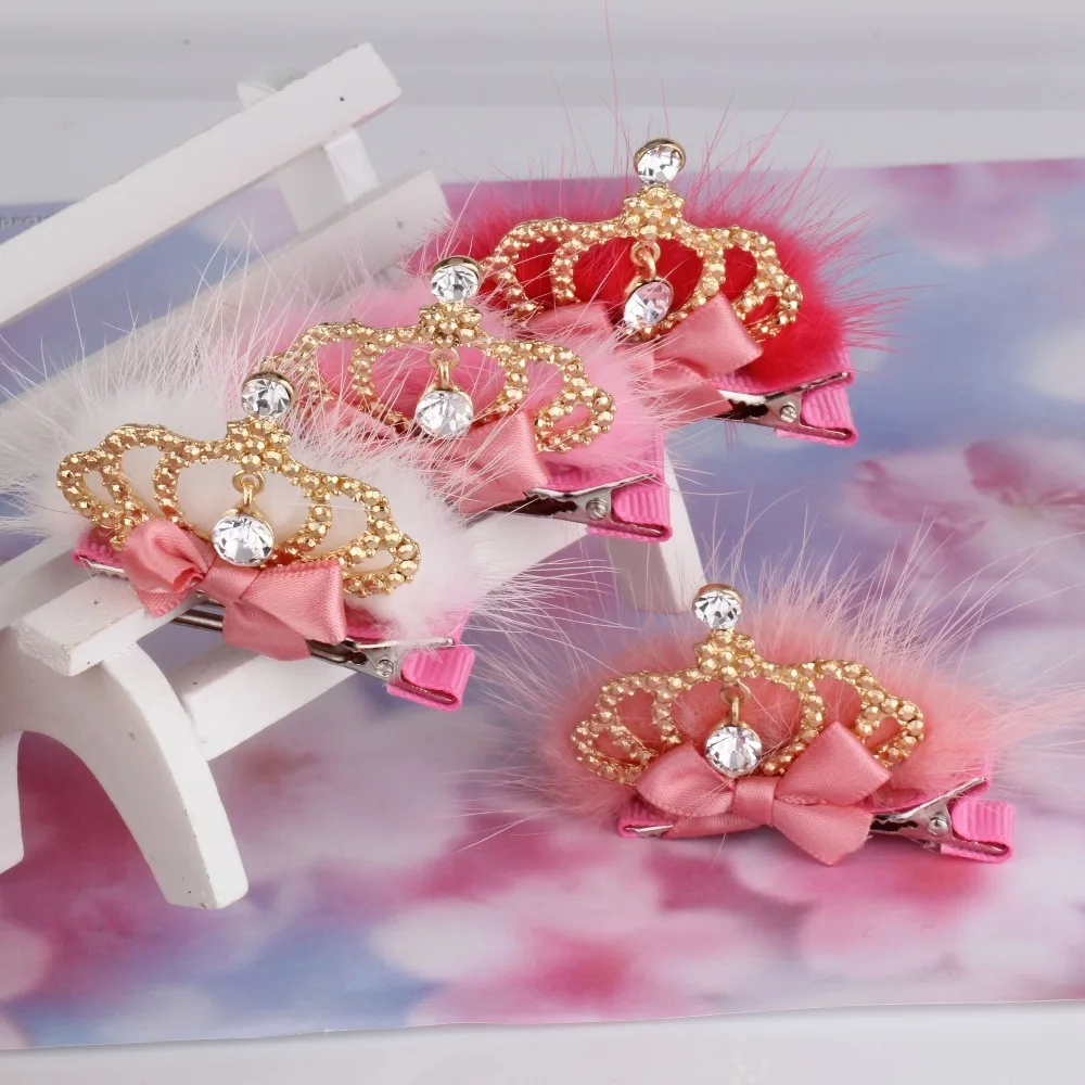 C 1PC New Baby Crown Tiara Hairpins Bow With Fur Girls Hair Clip Children Hair Accessories Tiara