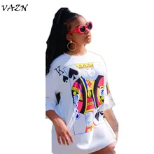 VAZN Новое поступление высокой моды Повседневное Стиль женское платье с принтом покерный король с О-образным вырезом бодикон с коротким рукавом Мини платье Vestido U7031