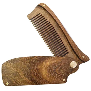 

NEW-Black Gold Sandalwood Men'S Folding Comb Portable Wooden Comb Sandalwood Beard Shape Comb
