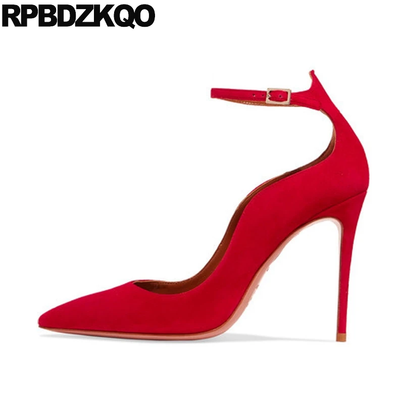 Pointed Toe High Heels Big Size Celebrity Ladies Red Stiletto Pumps Snake Shoes Super Ultra Snakeskin Suede Scarpin Ankle Strap