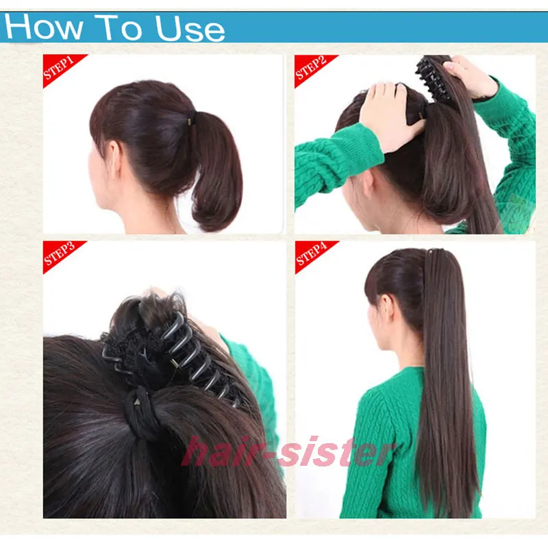 S-noilite 18 inches Long Ponytail Clip in Pony tail Hair Extensions Claw on Hair piece Wavy Black Brown Synthetic Fiber