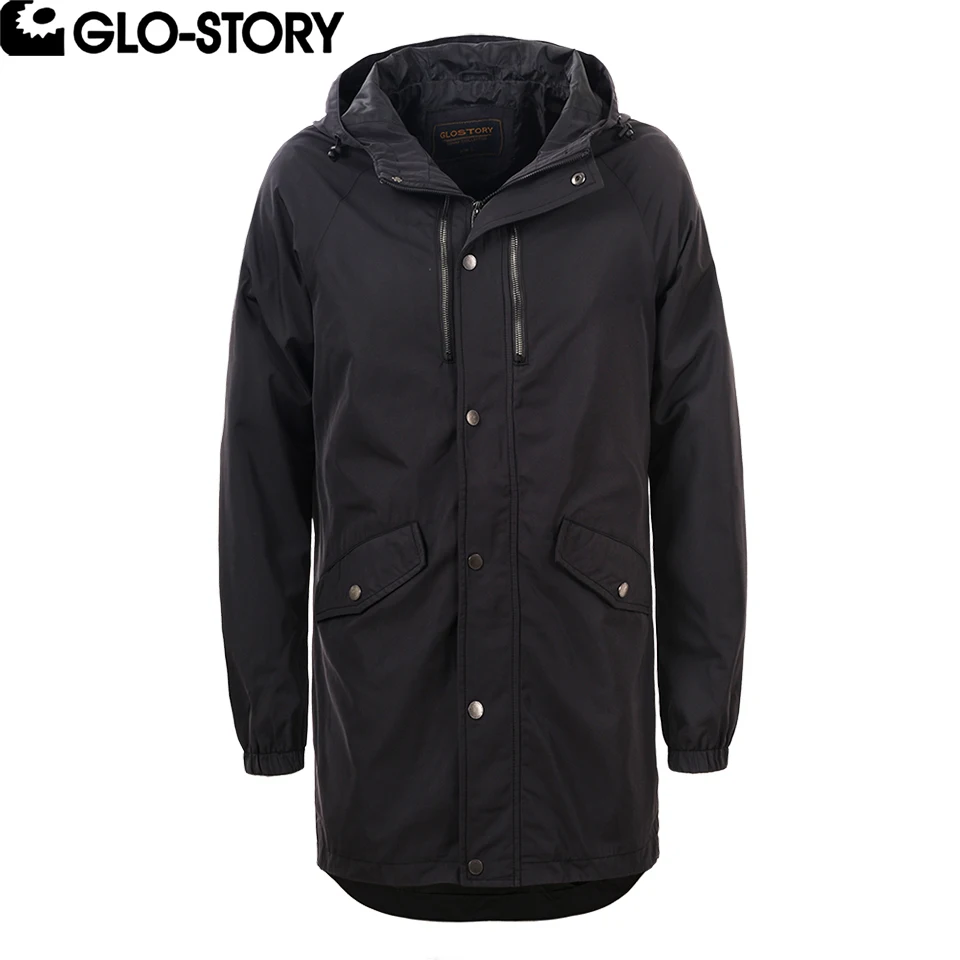 

GLO-STORY Men's Basic Elastic Cuff Windbreaker Long Trench Coat with Hoody MSX-3790