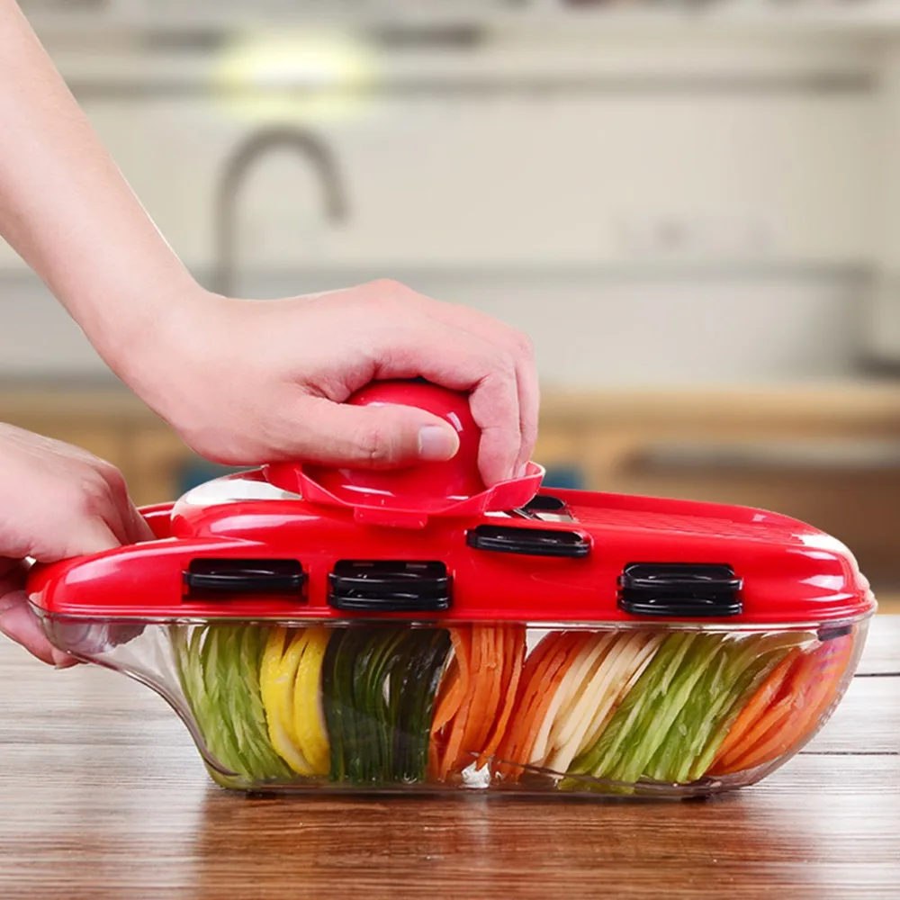 

NEW Mandoline Slicer Adjustable Vegetable Slicer with 7 Blades Peeler Container Food Potato Carrot Veggie Grater Chopper @Q