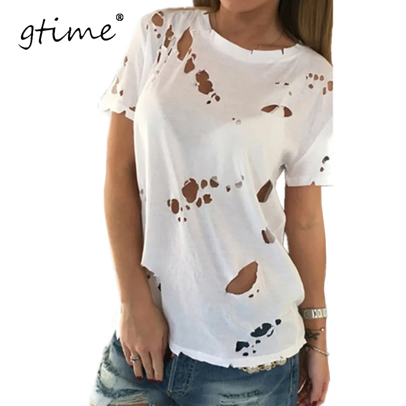

Gtime Dropshipping Summer Holes T Shirt Women Fashion Black White Cotton Short Sleeve Ripped Tops Shirts Casual T-Shirt KQF3