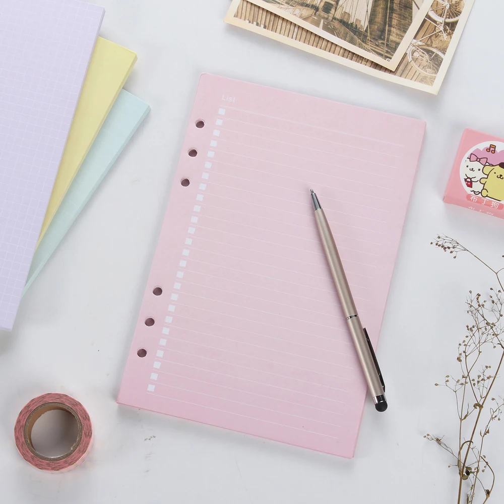 New cute colored inner papers core for spiral notebooks,6 holes 4 colors line,grid,blank,to do refiller papers A5A6 New cute colored inner papers core for spiral notebooks,6 holes 4 colors line,grid,blank,to do refiller papers A5A6