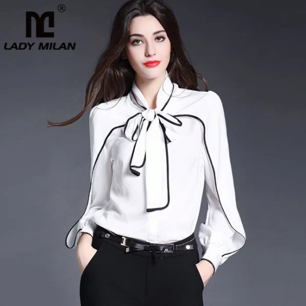 Lady Milan New Arrival 2019 Spring Women's Bow Collar Long Sleeves