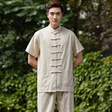 Новое поступление китайский Для мужчин кунг-фу Футболка короткий рукав кунг-фу хлопок льняная рубашка Wu Шу Костюмы Топы M, L, XL, XXL XXXL W18